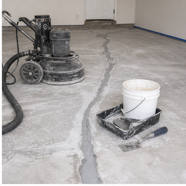 Residential garage concrete floor evaluated before a floor coating project