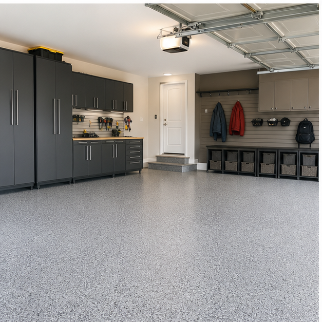 Refined residential garage with a decorative epoxy-style floor coating finish