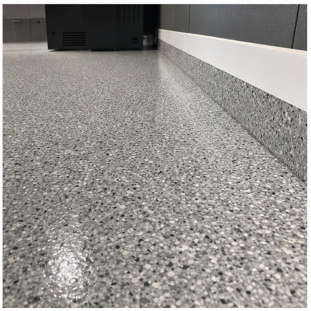 Refined residential garage with decorative garage floor coating finish